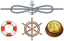 Attributes Of Marine Theme Vector Set Isolated On White Rope, Lifebuoy, Vintage Compass And Steering Wheel. Sea Adventures And Tourism Objects Set. Marine Cruise, Ocean Journey And Sea Travelling