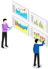 Poster - visualize with business analytics. people work with statistical data analysis, changing indicators. 