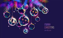 3D Christmas Iridescent Balls. Bright Light Decoration.