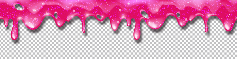 Pink slime vector glitter background, liquid dripping texture seamless border cartoon sticky toxic goo. Colorful gum syrup on transparent background Halloween mucus frame. Realistic pink slime clipart