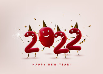 Wall Mural - Happy 2022 New Year 3d render realistic vector lettering illustration with funny numbers characters