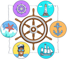 Marine Inventory, Steering Wheel Surrounded By Nautical Symbols. Sea Inventory, Items For Nautical Design, Marine Icons. Summer Adventure, Vacation At Sea, Ocean Sailing, Recreation Concept
