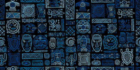 Poster - Ethnic mexican decor. Handmade Seamless Pattern for your design. Tribal tattos elements