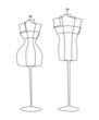 Male and female figure of a tailor's mannequin on a round stand. Continuous line drawing. Vector illustration.
