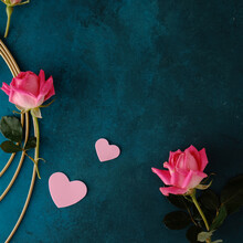 Valentine's Day Background With Pink Hearts And Roses In Shallow Depth Of Field.
