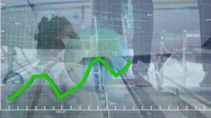 Sticker - Animation of statistics and data processing with green line over woman in face mask