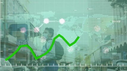 Poster - Animation of statistics and data processing with green line over woman in face mask