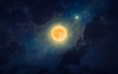 Wall Mural - amazing mysterious image – rising full moon in dark blue starry sky. full moon party concept image.