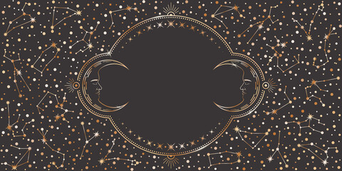 Wall Mural - dark vector celestial background with a copy space. ornate shiny golden frame with zodiac constellat