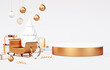 Christmas pedestal platform with white and golden stuff for product display. Elegant podium for promotional Xmas marketing and online shopping concept in 3D rendering