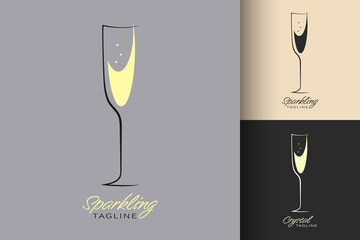 Glass of champagne. Set of three variants in different colors. Minimalist trendy contemporary design. Best for web, print, logo creating and branding design. Sparkling wine logotype concept.