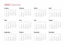 Pocket Calendar On 2023 Year. Horizontal View. Week Starts From Sunday. Vector Template Calendar For Business On White Background.