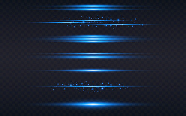 Poster - Light lines. Blue horizontal lights set. Neon glowing elements with particles. Bright laser beams on dark background. Colored strings collection. Vector illustration