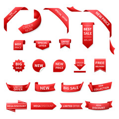 Set red sale banners, online shopping tags, labels web banners, isolated badges. Ribbon badges, vector illustration.