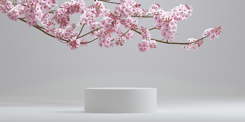 Wall Mural - cosmetic background. japanese style podium and cherry blossom white background for product presentat