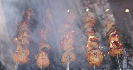 Wall Mural - Grilled chicken meat shish kebab on skewers outdoor.