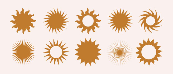 Vector set boho sun logo, icons and symbols. Minimalist geometric various design sun elements. 
All objects are isolated