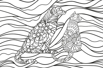 Wavy wallpaper with dog and cat. Zentangle. Hand drawn ornaments. Abstract patterns on isolation background. Design for spiritual relaxation for adults. Zen art. Line art creation