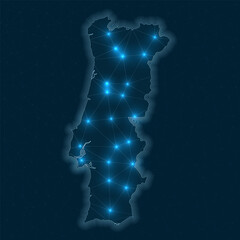 Poster - Portugal network map. Abstract geometric map of the country. Digital connections and telecommunication design. Glowing internet network. Artistic vector illustration.