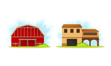 Rural Farm Buildings Set. Red Barn And Farmhouse Vector Illustration
