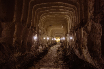 Canvas Print - Chalky mine tunnel with traces of drilling machine, Belgorod, Russia