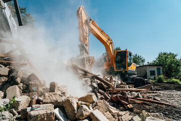 Wall Mural - Excavator destroy old house. Demolition of building.