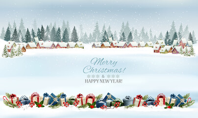 Poster - Holiday Christmas panorama with a winter village and  christmas presents. Vector.