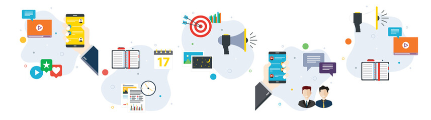 Poster - Social media, data, communication and business connection icons. Concepts of social media, data communication, communication service, business connection. Flat design icons in vector illustration.