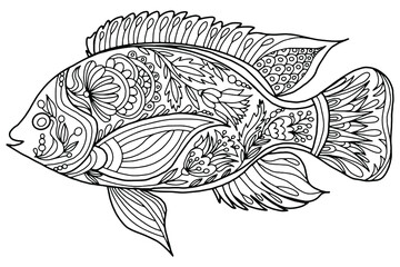 a fish drawn with abstract ornaments and flowers in folk style on a white background for coloring, vector