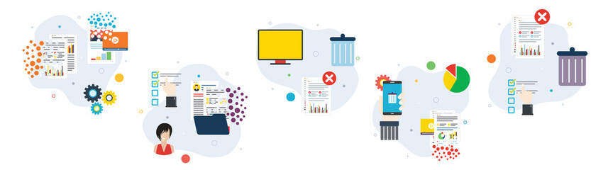 Poster - Concepts of deleting files, delete documents, computer trash and smartphone data destroy. Flat design icons in vector illustration.