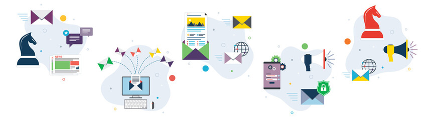 Poster - Concepts of communication, strategy email sending, newsletter and safety send email. Flat design icons in vector illustration.