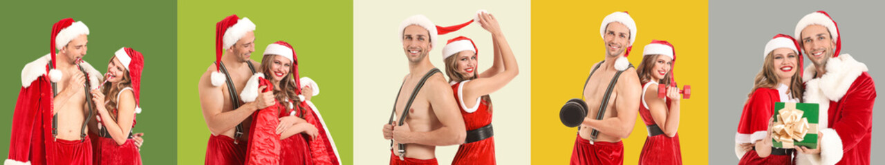 Poster - Sexy young couple in Santa Claus costumes on color background