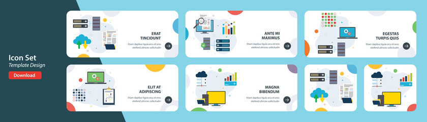 Sticker - Web banners template in vector with icons of cloud data base, computer code, data hosting and computer technology. Flat design icons in vector illustration.