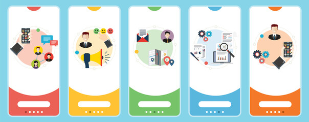 Poster - Marketing, communication, social media, relationship and metrics icons.