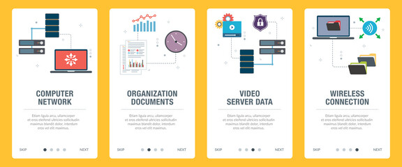 Poster - Computer, network, wireless, connection, server and data icons. Web banners template with flat design icons in vector illustration.