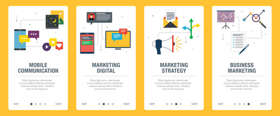 Poster - Communication, marketing digital, strategy and business icons. Web banners template with flat design icons in vector illustration.