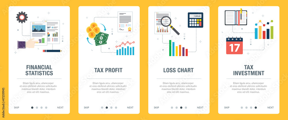 Financial, tax, investment, statistic and profit icons. Concepts of ...