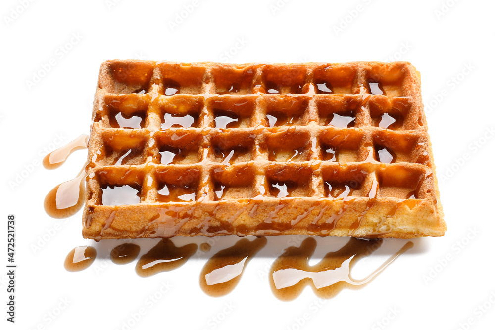 Delicious Belgian waffle and jam on white background
