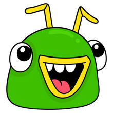 Amazed-faced Green Monster Head, Doodle Icon Drawing