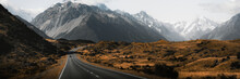 Beautiful View Of A Road Leading To Mount Cook, New Zealand Banner