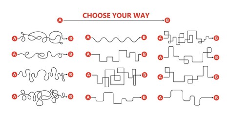 Set of difficult and easy simple way process from start to end. Vector card illustration with path to success outline art concept. The road from point a to point b. Right and wrong way with messy line