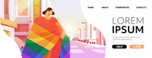 Woman With Lgbt Rainbow Flag Walking On City Street Gay Lesbian Love Parade Pride Festival Transgender Love Concept