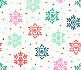 Seamless Christmas Snowflake pattern with colorful polka dots background