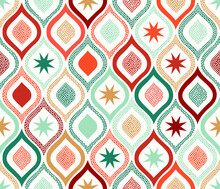 Seamless Christmas Geometric Stars Doodle Background. Red, Green, Gold Repeated Beautiful Abstract Modern Pattern.