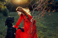 Pretty Woman In Red Dress With Dog Outdoors Posing Glamor