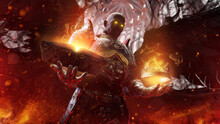 A Sinister Bald Black Angel With Golden Glowing Eyes, He Offers A Choice Of A Book Or A Crown, While Smiling Ominously. He Is Wearing Vintage Dark Red Plate Armor With Gold Patterns. 3d Rendering Art