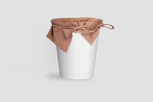 Vintage  Paper Cup Covered With A Piece Of Linen And Twine. Mock Up Isolated On Background. Zero Waste And Eco Friendly Concept. 3d Rendering.