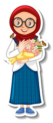 Poster - Muslim girl holding flower bouquet cartoon sticker