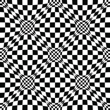 Geometric Checkered Pattern. Black White Shape Distortion Illusion Design With Circles And Waves. Vector Monochrome Seamless Pattern. For Textiles, Wrapping, Wallpaper