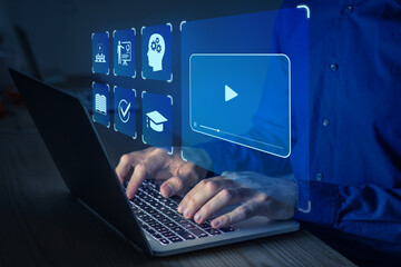 E-learning online education training webinar on internet for personal development and professional qualifications. Digital courses to develop new skills. Concept with student using computer.
